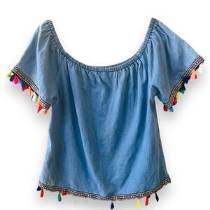 Speed Limit Blouse Med Blue Fringe Festival 100% Cotton Coachella Colorful
